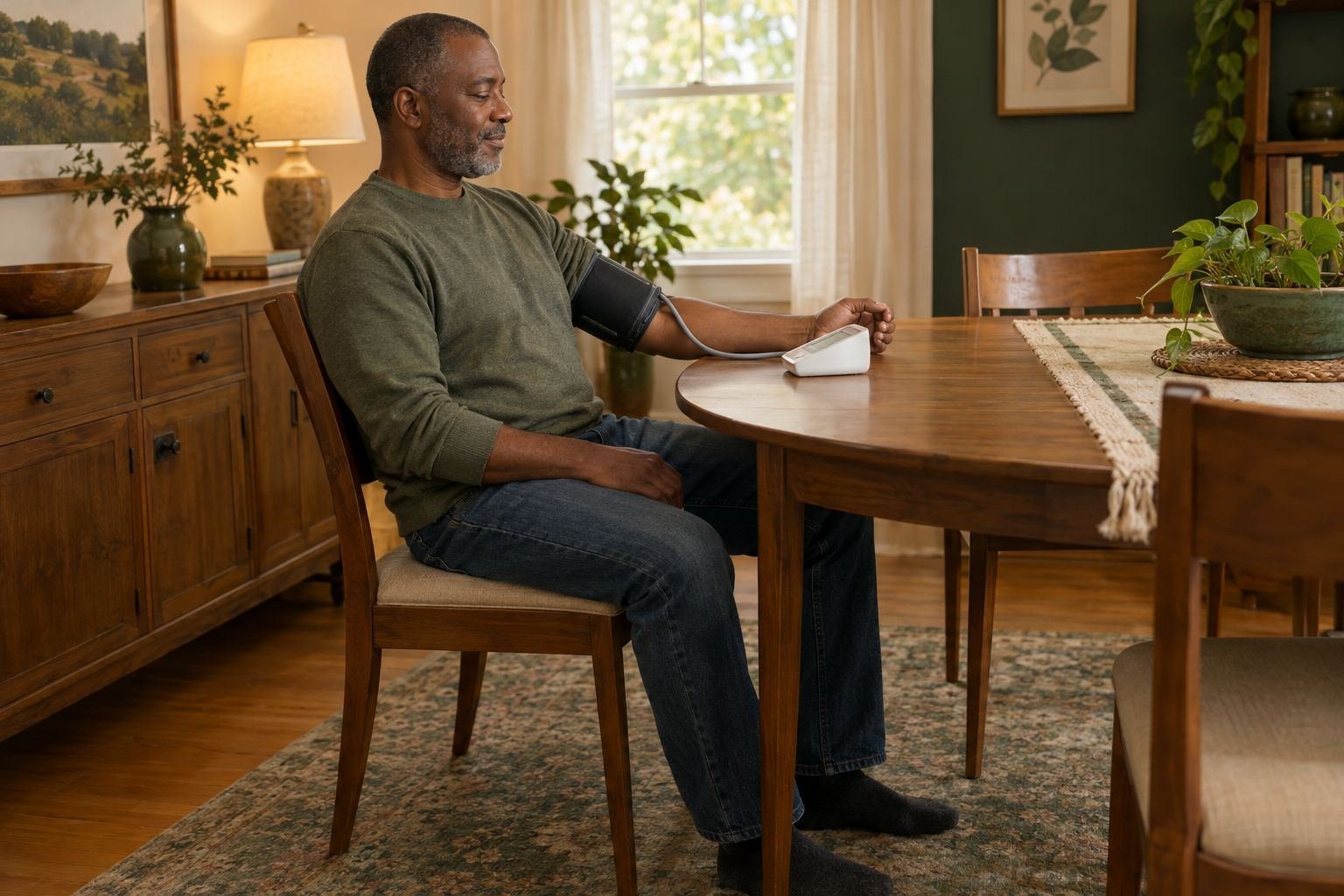 A man checking blood pressure at home with an upper-arm monitor