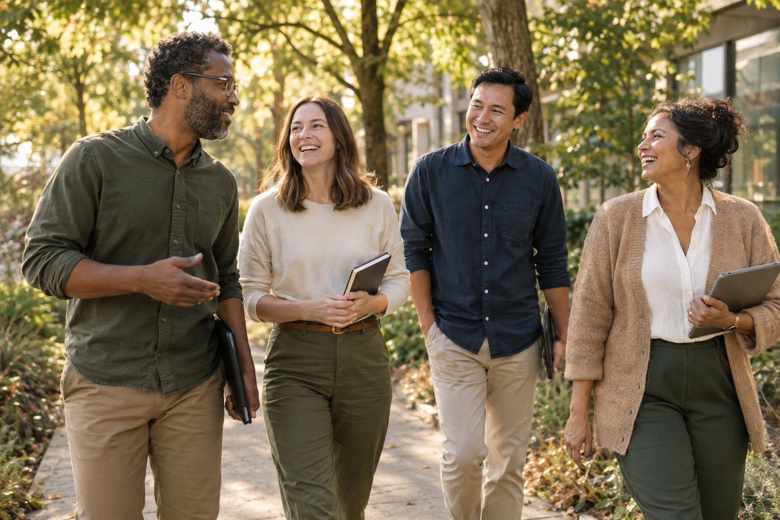 Coworkers taking a walking meeting outside