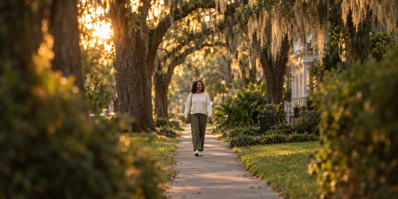 A woman taking an easy evening walk on a tree-lined street