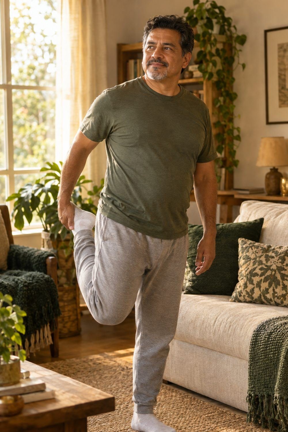 A man stretching in his living room